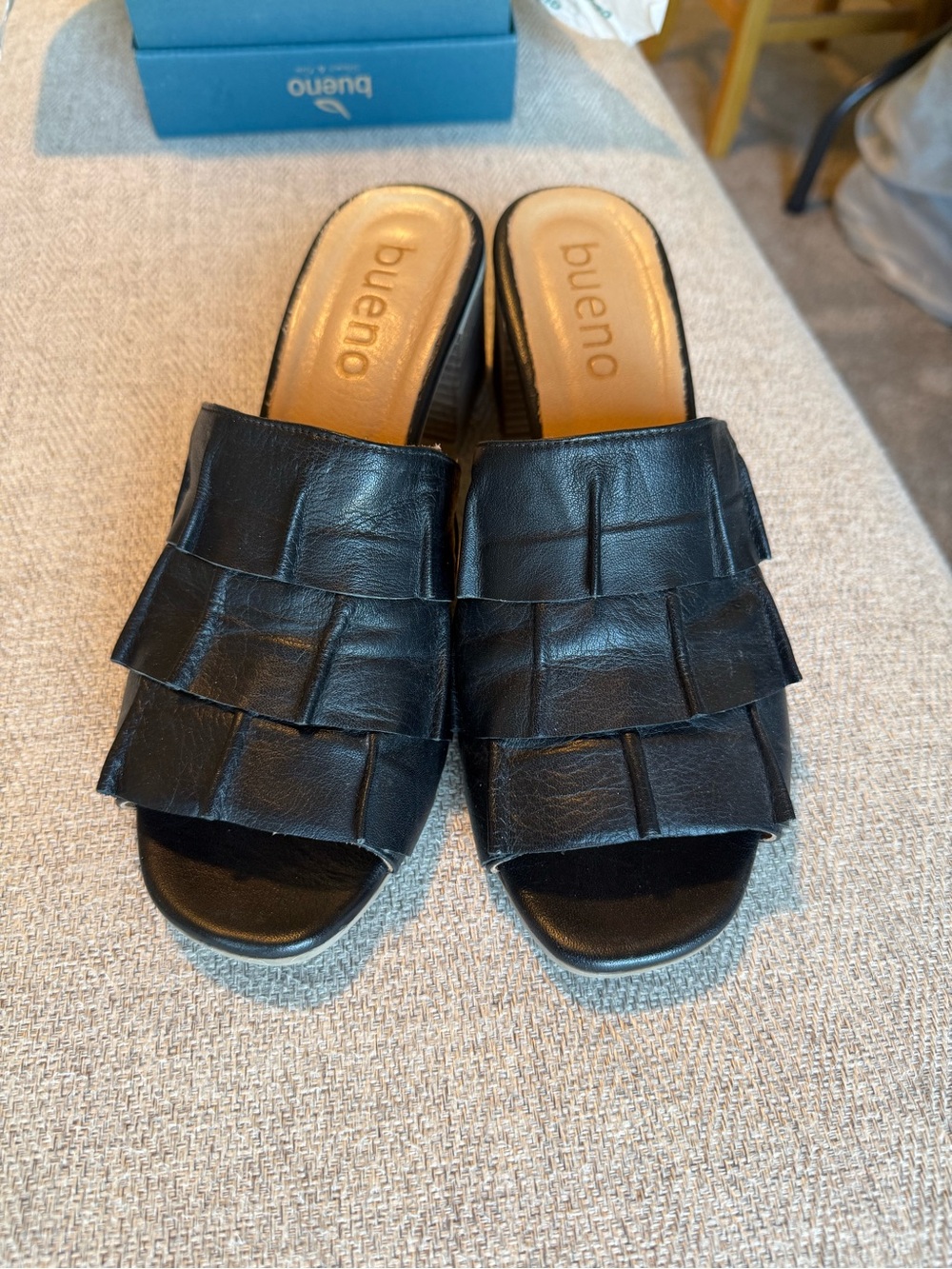 Bueno Black Leather Ruffle Slide Mules